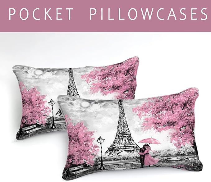 Bedbay Pink Paris Bedding Set King Size Eiffel Tower Comforter Set Romantic Couple French Style Duvet Set 4 Pcs Soft Lightweight Pink and Grey Down Comforter Set Paris Room Decor(Pink,King)