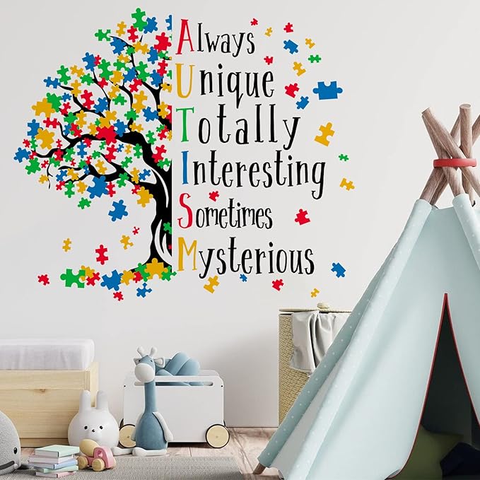 Mfault Autism Awareness Day Inspirational Sign Wall Decal Sticker, Positive Puzzle Piece Tree Colorful Nursery Classroom Decoration Baby Bedroom Art, Autistic Spectrum Motivational Kid Room Decor Gift