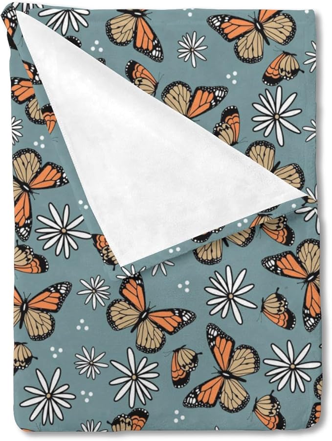 Butterfly Daisy Flower Baby Blanket for Girls Gift, Blue Yellow Floral Flannel Fleece Nursery Bed Receiving Blankets, Soft Warm Lightweight Newborn Infant Toddler Kids Crib Bedding 30 x 40