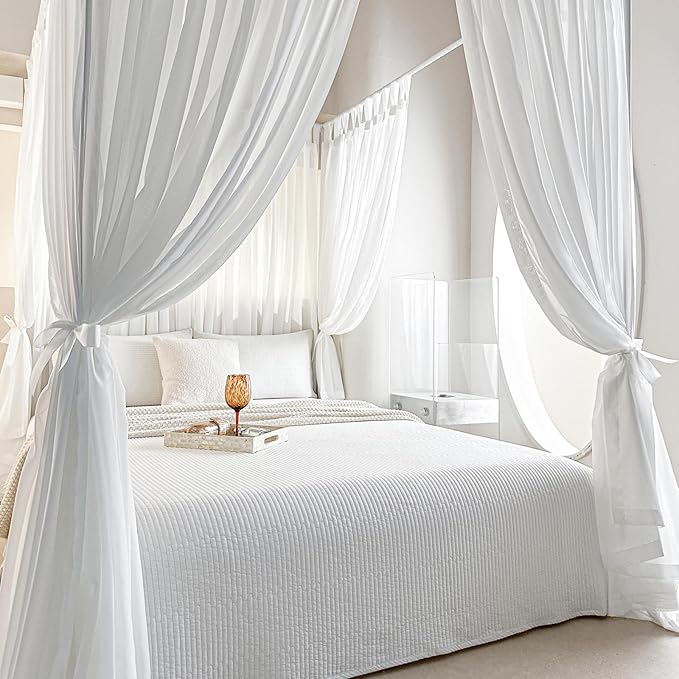 AIKASY Canopy Bed Board with Top and Self-Adhesive Velcro Strips, White Gauze Princess Bed Canopy Curtain Tent, Creating a Romantic Atmosphere in The Room（Full/Queen，White）