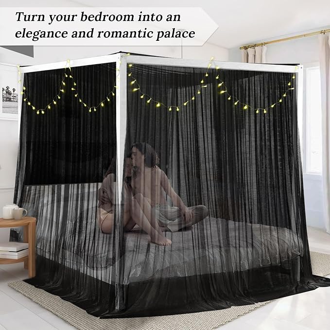 South to East Black Canopy Bed Curtains, 4 Corner Post Bed Canopy for Girls & Adults, Top Luxurious Bed Drapes for Bedroom Decoration, 4 Openings, 100% Ripstop Polyester, Easy Install, King/Queen Size