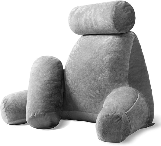 Sasttie Reading Pillow for Sitting in Bed Adult, Extra Large Back Pillow for Bed, Backrest Pillow with Detachable Head Support Cushion, College Dorm Essentials for Girls and Boys, Dark Grey