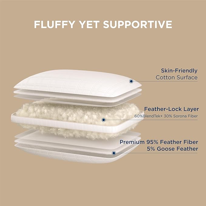 Bedsure Luxury Goose Feathers Down Pillow - 300 Thread Count Cotton Cover Gusseted Hotel Collection Bed Queen Pillow, Ultra-Soft High Elasticity Sorona Fiber Layer Pillows (2, Peyote, Queen)