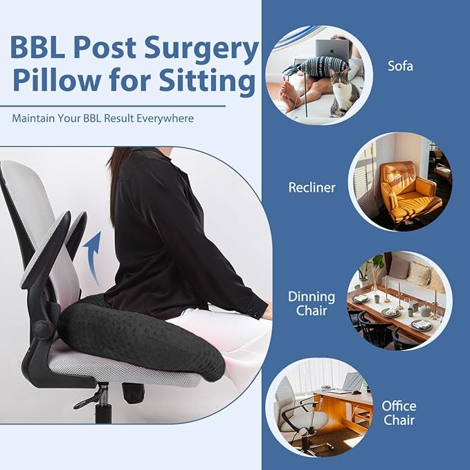 BBL Pillow After Surgery, BBL Pillow for Sitting Sleeping Driving, Hemorrhoid Pillow Seat Support Cushio for Butt with Hole, Butt Donut Pillow for Woman (Black)
