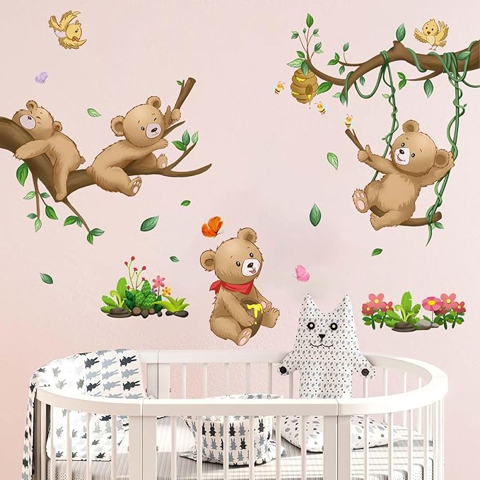 Woodland Bear Wall Stickers - Baby Animal Tree Branch Wall Decals - Nursery Kids Girls Boys Room Daycare Playroom Classroom Wall Decor