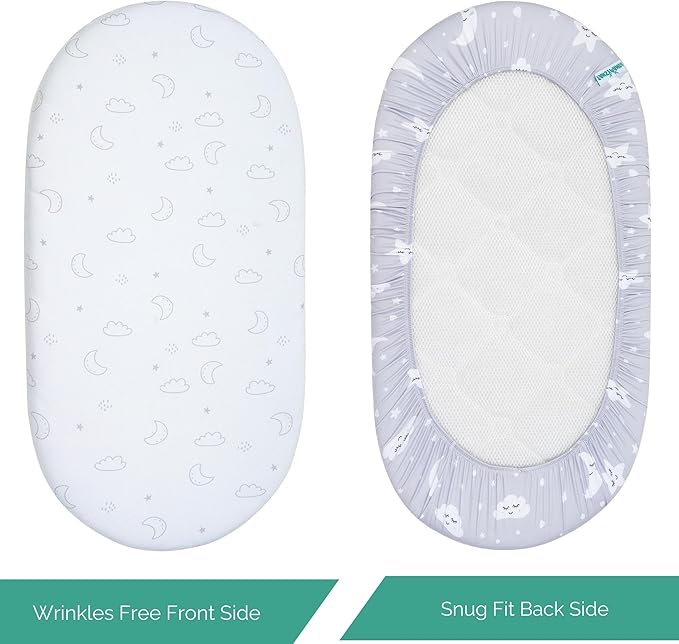 Bassinet Sheets for Dream On Me Karley, Plus, Lacy, Small Regalo Basics, Baby Delight Slumber, Snuggle Nest, Graco Carry Cot, 3 Pack, 16 x 32, Ultra Soft, Unisex Boys Girls, Gray (Moon, Stars, Clouds)