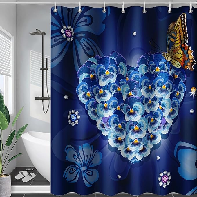 AILONEN Blue Floral Shower Curtain for Girls,Beautiful Butterfly Heart Flower Bath Curtain for Bathroom,Blue Print Polyester Waterproof with 12 Plastic Hooks,72" W*96" H Blue