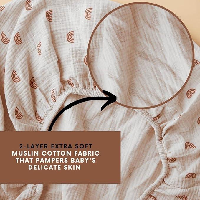 Chippi & Co Little Rainbow Tan Boho Muslin Cotton Fitted Crib Sheet for Baby Standard Size Mattress, boy and girl Unisex Nursery Bedding 52x28x9''