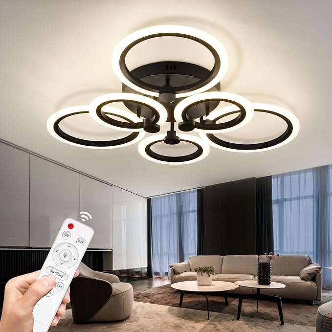 Modern LED Ceiling Light,Dimmable 6 Rings Flush Mount Ceiling Light Fixtures,3000K-6500K 81W Ring Ceiling Lamp with Remote for Bedroom,Dining Room,Living Room,Black