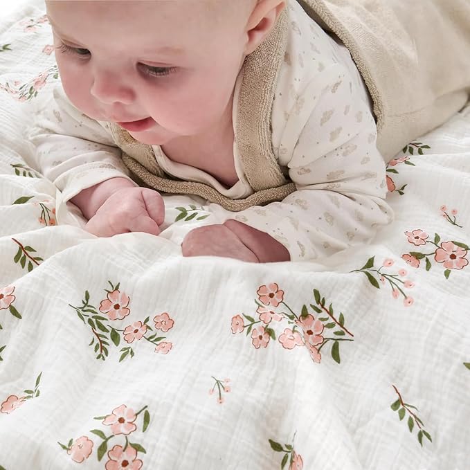 Muslin Baby Blankets for Girls Super Soft Nursery Minky Blankets with Breathable Muslin Cotton Front and 3D Touch Dotted Fleece Backing, Pink Floral Printed Bed Throws Newborn