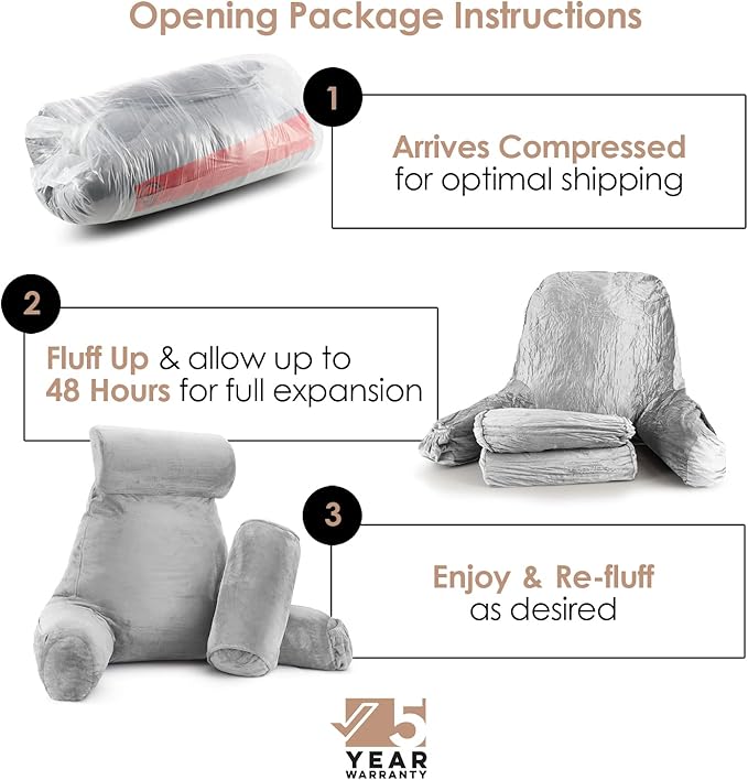 Nestl Reading Pillow Large Bed Pillow, Back Pillow for Sitting in Bed Shredded Memory Foam Chair Pillow, Reading & Bed Rest Pillows Light Grey Back Pillow for Bed, Bed Chair Arm Pillow with Pockets