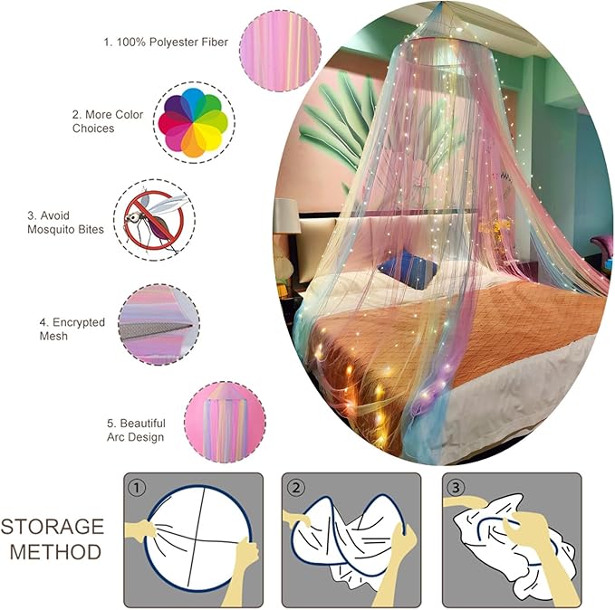 Eimilaly Princess Rainbow Bed Canopy with 250pcs Warm White Curtain Lights, Bed Canopy for Girls Room Decor or Unicorn Theme Party