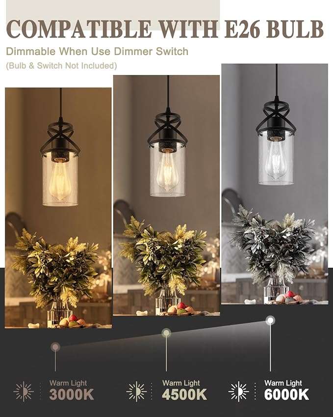 Industrial Pendant Light with Seeded Glass Shade, Black Farmhouse Hanging Light for Kitchen Island, Modern Ceiling Light Fixture for Dining Room Bedroom