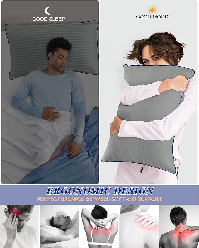 Bed Pillows for Sleeping King Size, Set of 2- Cooling, Luxury Hotel Quality with Premium Soft Down Alternative Filling for Back, Stomach or Side Sleepers, Light Grey