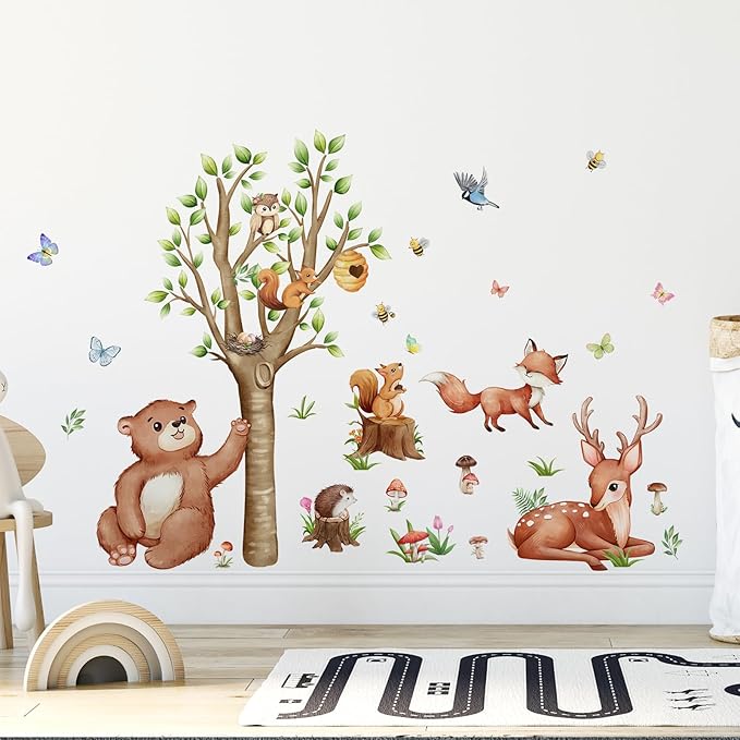 Animal Wall Decals Vinyl Butterfly Mushroom Wall Stickers, Removable Kids Toddler Jungle Forest Wall Murals Peel and Stick Flower Wall Art Decor Wallpaper for Bedroom Nursery Playroom