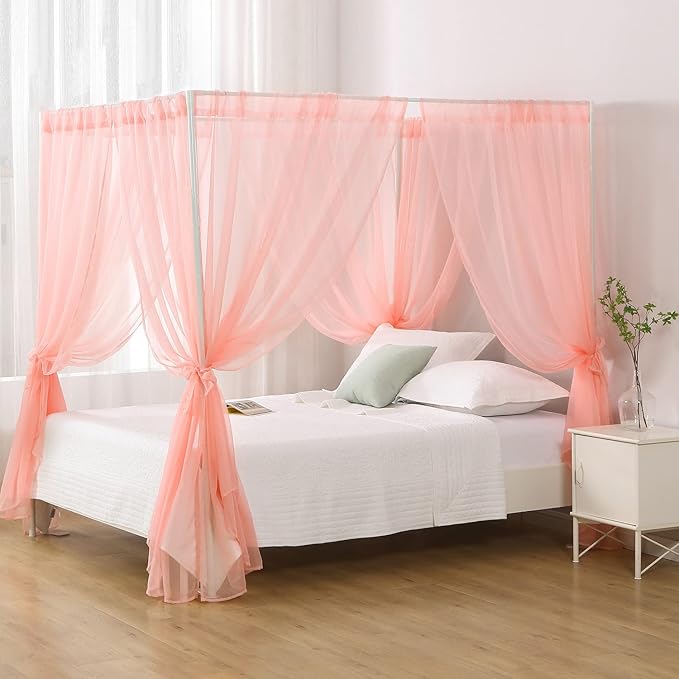 Canopy Bed Curtains Twin, Chiffon Princess Bed Canopy, Bed Drapes for Girls Room Adults(Pink)