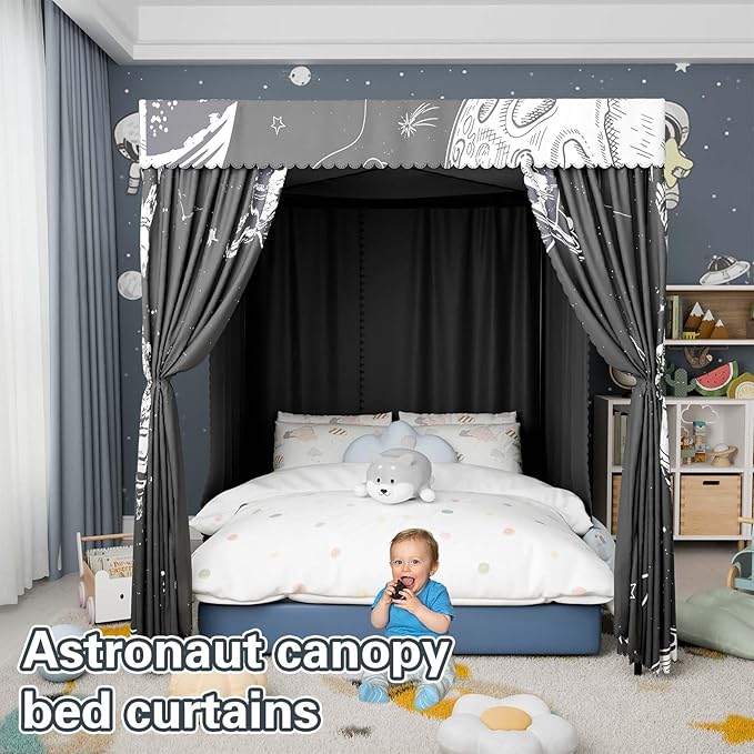 Astronaut Canopy Bed Curtains - 4 Corner Post Bed Curtains Canopy Full Bed Canopy Curtains for Children Girls Bedroom Decoration(Astronaut, Full)