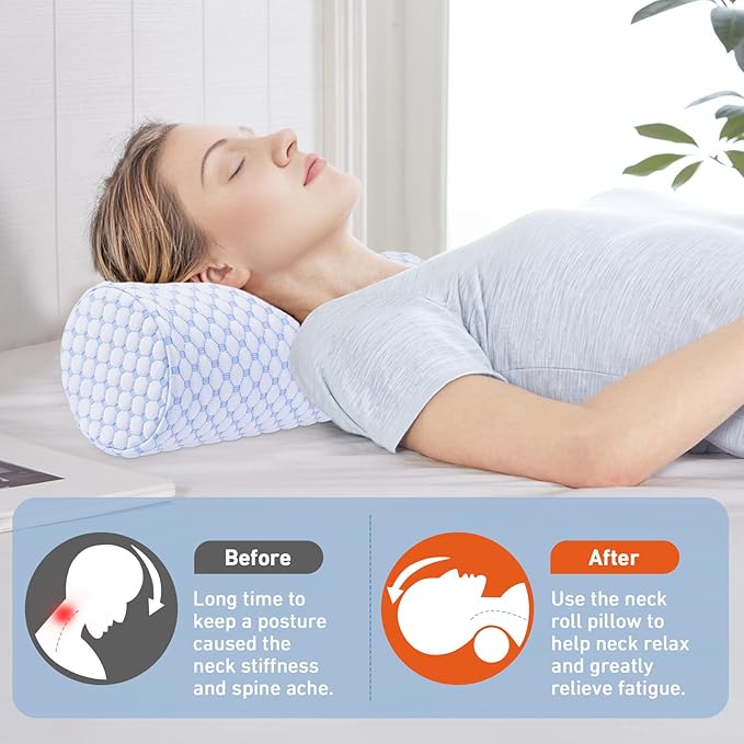 Neck Roll Pillow with Cooling Pillowcase - 16 x 6.3 Inch Round Neck Pillow for Sleeping - Memory Foam Bolster Pillow for Legs, Cylinder Pillows for Cervical, Back, Lumbar (Cool Blue)