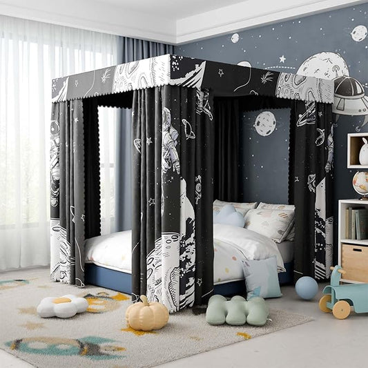 Astronaut Canopy Bed Curtains - 4 Corner Post Bed Curtains Canopy Full Bed Canopy Curtains for Children Girls Bedroom Decoration(Astronaut, Full)