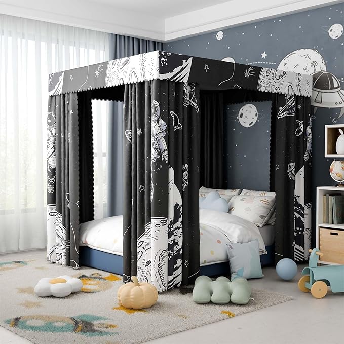Astronaut Canopy Bed Curtains - 4 Corner Post Bed Curtains Canopy Queen Bed Canopy Curtains for Children Girls Bedroom Decoration(Astronaut, Queen)