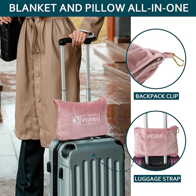 Vessia Travel Blanket for Airplane, Train and Car, Warm and Soft Travel Blanket and Pillow 2 in 1 for Adults and Kids, Portable Compact Long Flight Blanket with Luggage Sleeve, Backpack Clip(Pink)