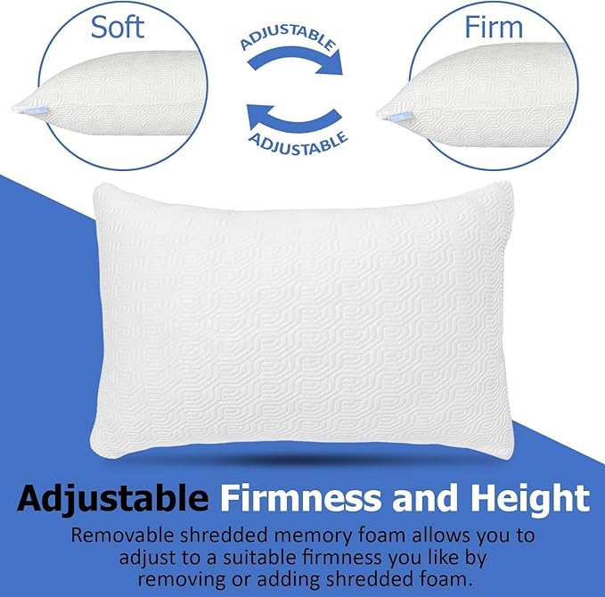 King Size Rayon Derived from Bamboo Pillows for Sleeping, Cooling Shredded Memory Foam Pillow Sets for Back, Side, Stomach Sleepers, Adjustable, Removable Cover, King (Pack of 1)
