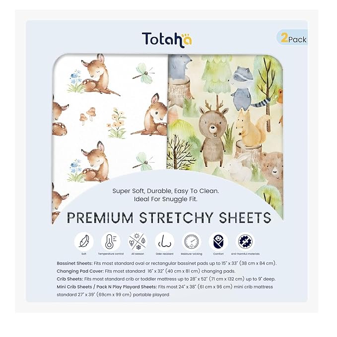 TotAha Premium Soft Bassinet Sheet for Boy Girl, Super Stretchy Jersey Knit Bassinet Fitted Sheet, Compatible with Halo, Maxi COSI, Mika Micky, SNOO, Baby Delight Mattress, Forest Bear & Cute Deer
