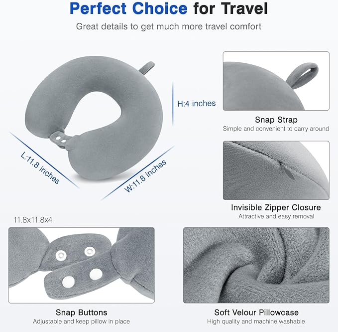 Travel Neck Pillow Airplane, Soft Memory Foam Support Head Neck Chin, with Removale Cover and Adjustable Snap Button, Comfortable Sleeping in Plane Car Train Traveling Office, Light Grey