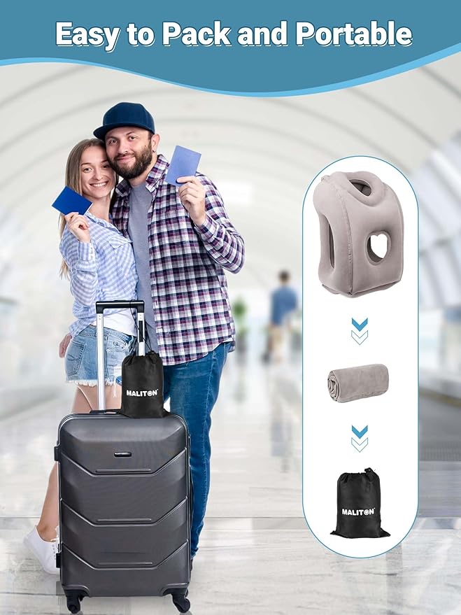 Maliton Inflatable Travel Pillow for Airplane Comfortable Sleeping to Relieve Neck and Shoulder Pain, Support Head Inflatable Pillow for Long Flights, Used for Airplanes, Cars, Trains, Office(Grey)