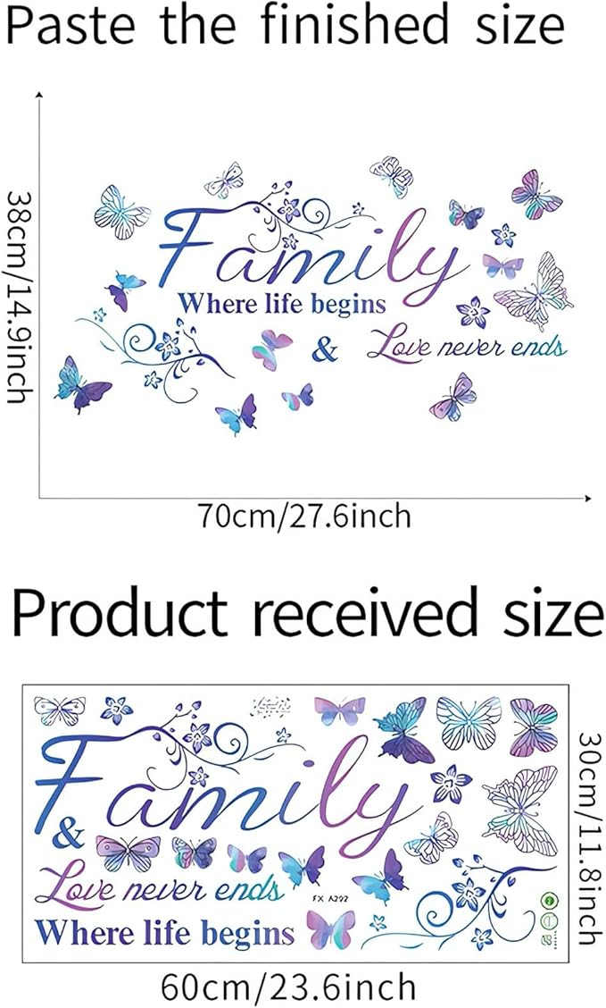 Family Wall Sticker, Inspirational Wall Decor Home Wall Decoration Warm Quotes Stickers Waterproof Removable Butterfly Sticker Letter Word Decal for Bedroom Dining Room Kitchen Wall Art Decor(Purple)