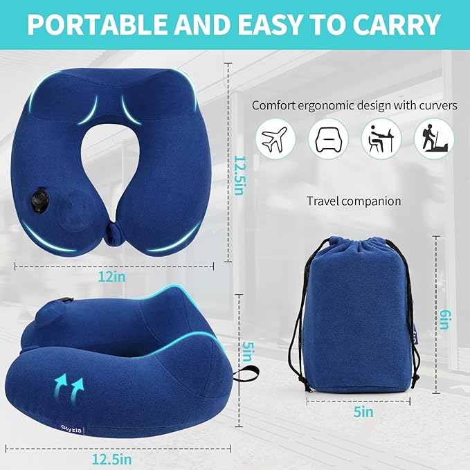 Inflatable Travel Neck Pillow for Airplane, 360° Head Support Velvet Adult Neck Pillow for Long Flight, Removable Washable Cover, Kit with Eye Masks, Earplugs & Storage Bag, Navy Blue