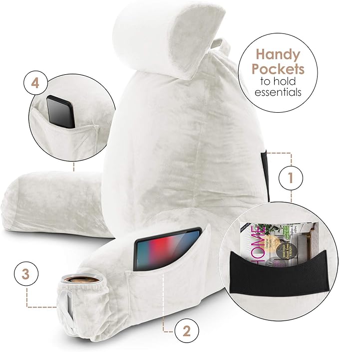 Nestl Reading Pillow Large Bed Pillow, Back Pillow for Sitting in Bed Shredded Memory Foam Chair Pillow, Reading & Bed Rest Pillows White Back Pillow for Bed, Bed Chair Arm Pillow with Pockets