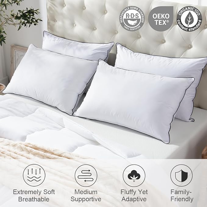 APSMILE Medium Firm Feather Down Pillows Standard Size Pack of 1, Luxury Goose Feather Pillow for Sleeping, 600TC/DM Organic Cotton Cover Hotel Collection Bed Pillows (White, 20"x26")