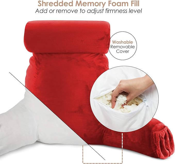 Nestl Reading Pillow Large Bed Pillow, Back Pillow for Sitting in Bed Shredded Memory Foam Chair Pillow, Reading & Bed Rest Pillows Cherry Red Back Pillow for Bed, Bed Chair Arm Pillow with Pockets