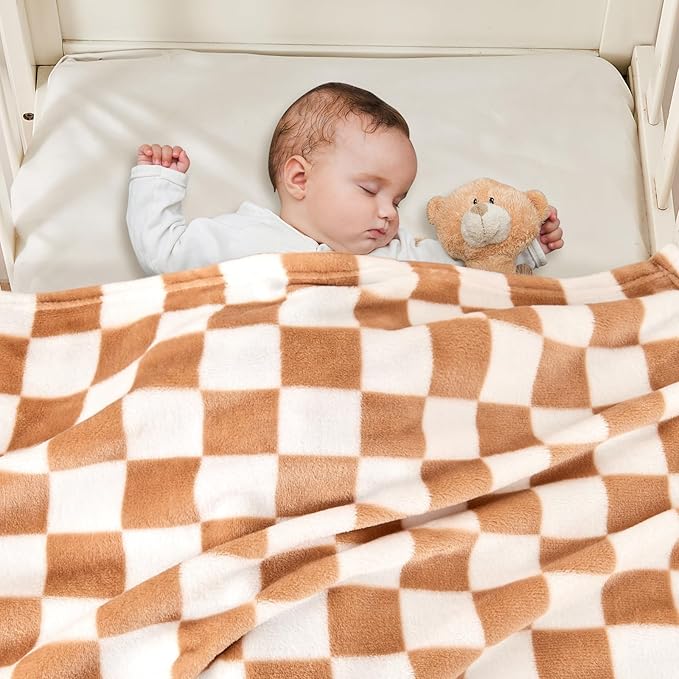 Checkered Baby Blanket Fleece Baby Blankets Neutral for Boys Girls, Super Soft Warm Lightweight Infant Toddler Newborn Receiving Blankets for Crib Stroller, 30''x40'', Khaki