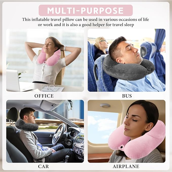 Sintuff 2 Pack Inflatable Travel Pillow for Airplanes Inflatable Neck Pillows with Compact Bag and Blindfold Soft Flight Pillow for Traveling, Airplane, Train, Car, Office(Dark Gray and Light Pink)