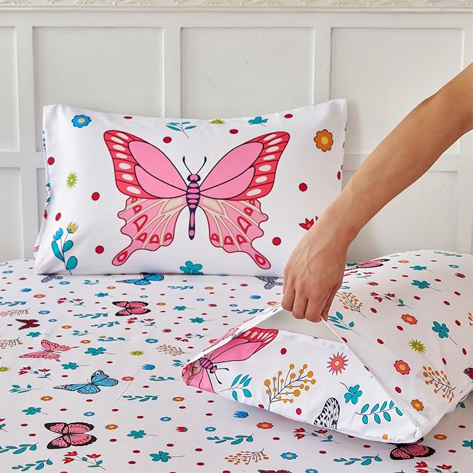 RYNGHIPY Girls Bed Sheets Twin: Butterfly Sheets Set for Girls Kids Bedsheets Deep Pocket 100% Microfiber Print Sheet Pillowcase Sets (Multicolor,Twin)