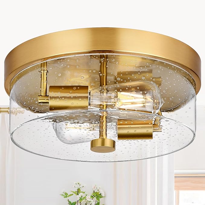 Flush Mount Ceiling Light Fixtures, 2-Light Gold Ceiling Mount for Farmhouse with Seeded Glass Lampshade, Industrial Flush Mount Light Fixture Farmhouse for Hallway, Kitchen, Entryway and Foyer