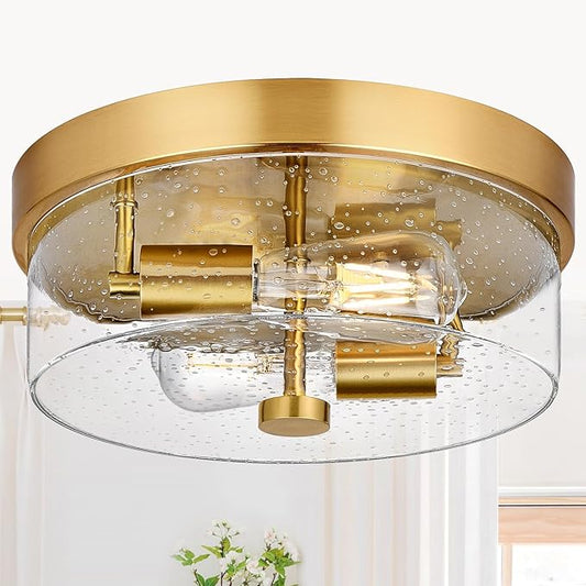 Flush Mount Ceiling Light Fixtures, 2-Light Gold Ceiling Mount for Farmhouse with Seeded Glass Lampshade, Industrial Flush Mount Light Fixture Farmhouse for Hallway, Kitchen, Entryway and Foyer