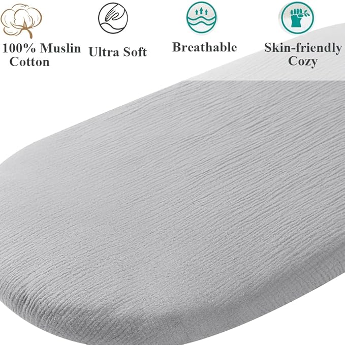 Muslin Bassinet Sheet Compatible with Graco Pack n-Play Dome LX Bassinet(not playard), 2 Pack Cotton Stylish Boho Fitted Bassinet Sheets Super Soft for Baby Grey & Pink