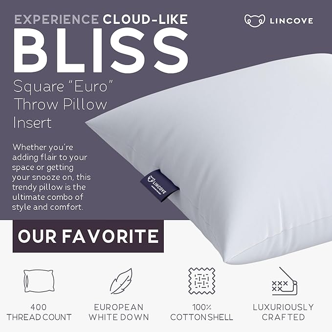 Lincove 100% European Down Venus Pillow – German Down 600 Fill Power, 400 Thread Count Shell, Made in Canada, | Luxe Collection, 26"x26"