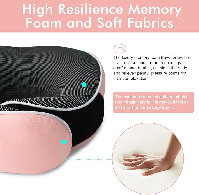 Travel Pillow,Upgraded 100% Memory Foam Neck Pillow for Traveling,Ergonomic Design Soft Best Flight Pillow,Neck Pillow Airplane Kit with 3D Contoured Eye Masks,Earplugs and Luxury Bag (Pink)