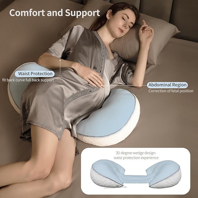 Pregnancy Pillows, PE Filling Body Pillow for Sleeping with Breathable Mesh Cover, Detachable and Adjustable Double-Sided Support for Back, HIPS, Legs and Belly Maternity Pillow (Blue)