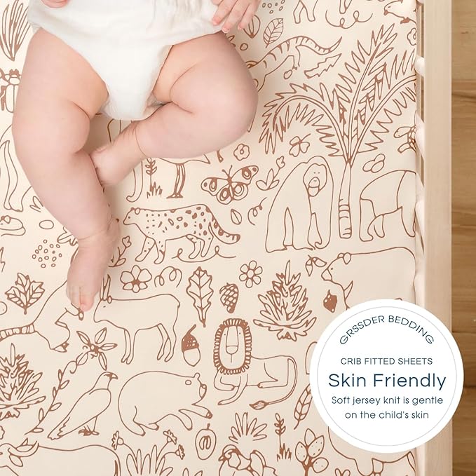 Stretchy Ultra Soft Jersey Knit Fitted Crib Sheets Set 2 Pack，Universal Fit All Standard Crib Mattress Pads Safe and Snug, Crib Fitted Sheet for Boys and Girls, Cute Animals Print