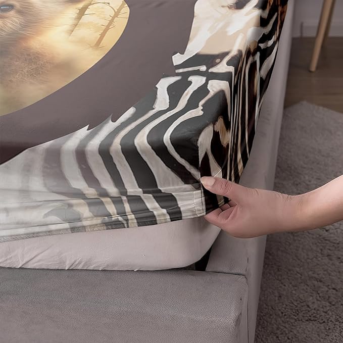 AILONEN Cute Bear Queen Fitted Sheet Set for Girls Boys, Bear Paw Sheet Leopard Print Fitted Sheet with 2 Pillowcases,3 Pieces Rustic Vintage Bear Bed Sheet Set