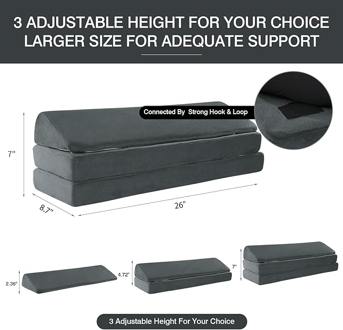 BALAPET 3-in-1 Adjustable Height Wedge Pillow, 7" Height Leg Knee Pillow for Side Sleepers & Aligns Spine, Supportive Bolster Pillow for Pregnancy Relieves Pressure Hip Leg Elevation, 26", Dark Grey