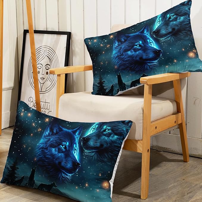 AILONEN Boys Wolf Fitted Sheet Set Queen Size, 3 Pieces Evening Starry Bedding Set Wild Animal Wolf Sheet Set for Boys Men Kids,Wildlife Bed Sheet Set Wolf Fitted Sheet with 2 Pillowcases