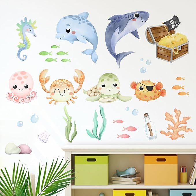 Mfault Under The Sea Ocean Creature Wall Decal Stickers, Coastal Shark Dolphin Octopus Crab Turtle Sea Horse Fish Nursery Decoration Bedroom Art, Marine Animal Treasure Beach Toddler Kids Room Decor