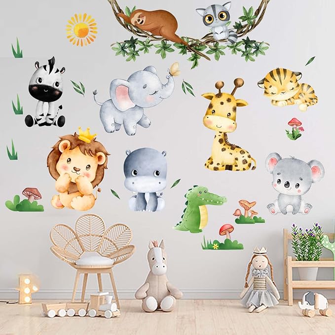 Jungle Baby Animals Wall Stickers - Elephant Lion Tiger Giraffe Wall Decals - Nursery Kids Girls Boys Room Daycare Playroom Classroom Wall Decor