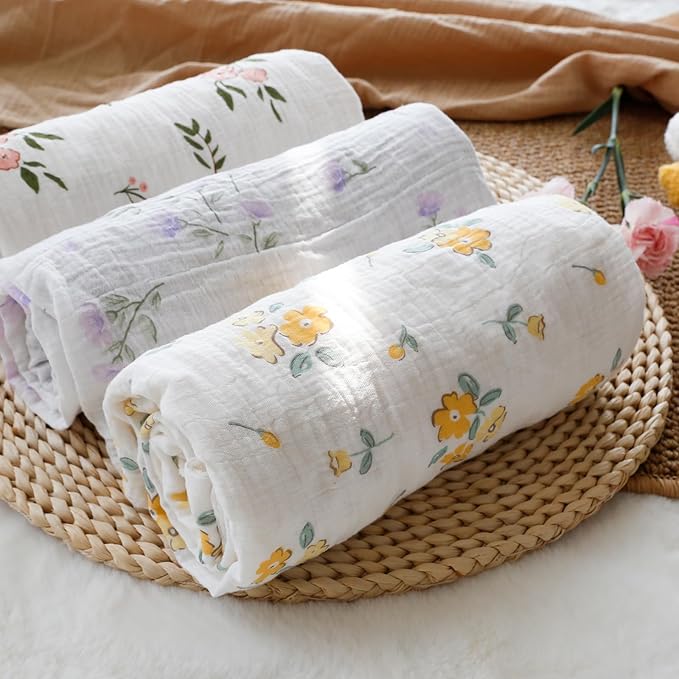 Muslin Baby Blankets for Girls Super Soft Nursery Minky Blankets with Breathable Muslin Cotton Front and 3D Touch Dotted Fleece Backing, Pink Floral Printed Bed Throws Newborn